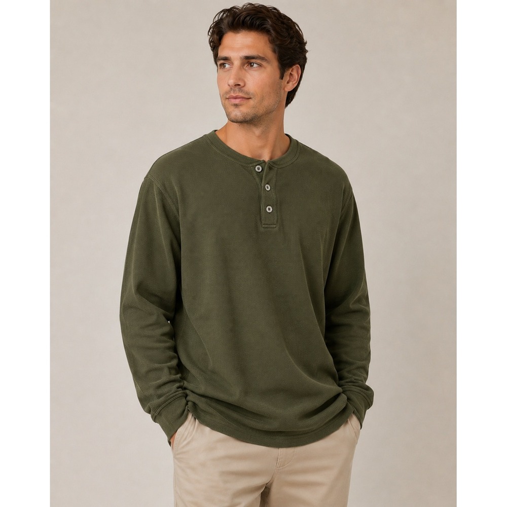 Eddie Bauer Henley Shirt Mens XXL Olive Green Long Sleeve Thermal Cotton Knit